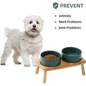 Anti-Slip Ceramic Pet Bowl with Elevated Wooden Stand