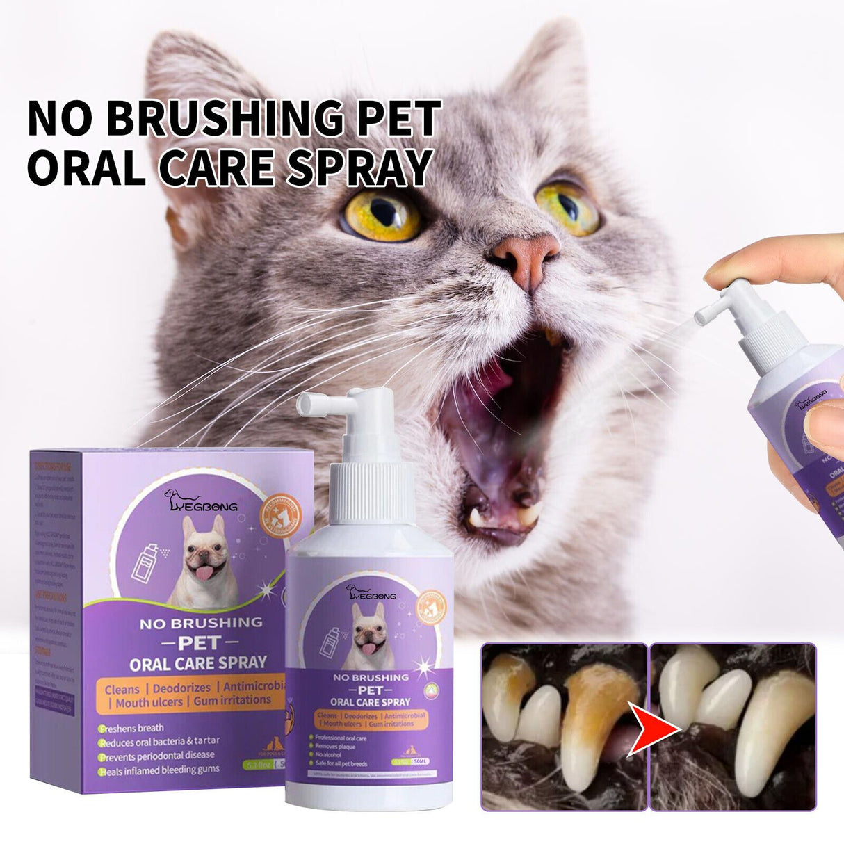 Pet Dental Spray for Dogs and Cats Breath Freshener Odor Remover Oral Cleaner