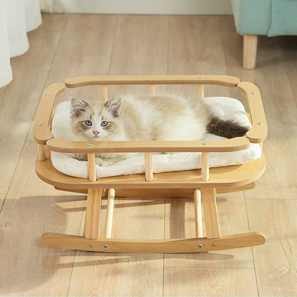 Wooden Cat Bed Simple Rocking Pet Bed Elevated Sleeping Furniture