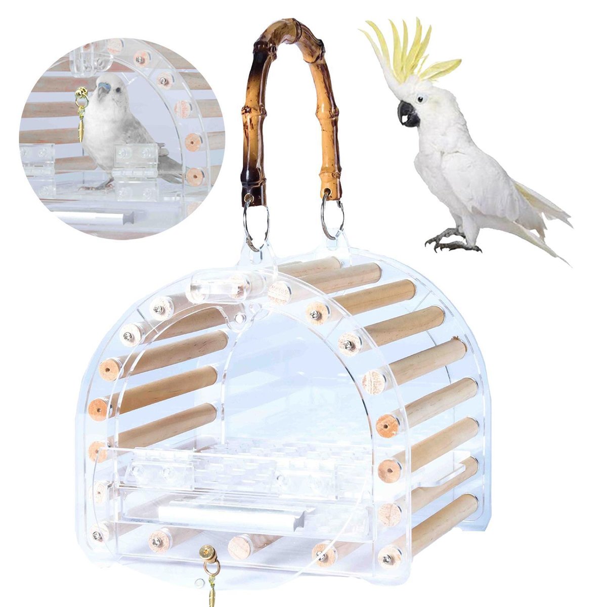 Lightweight Portable Acrylic Bird Cage with Bamboo Handle