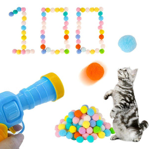 Cat Ball Gun Interactive Toy with 100pcs Colourful Stretch Plush Pom Pom Ball