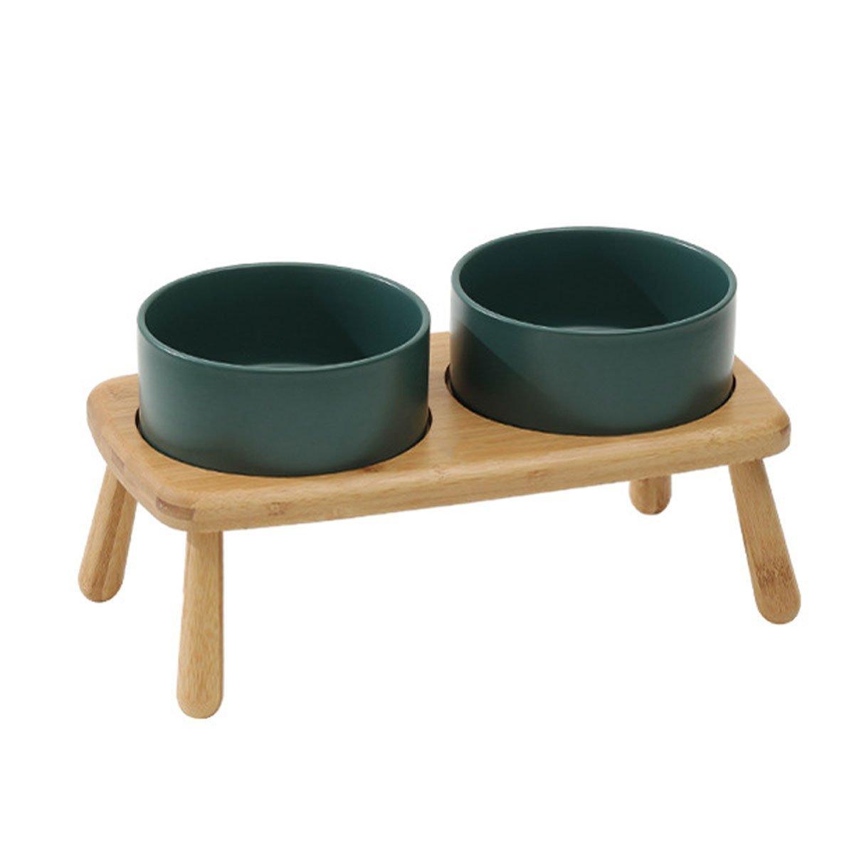 Anti-Slip Ceramic Pet Bowl with Elevated Wooden Stand