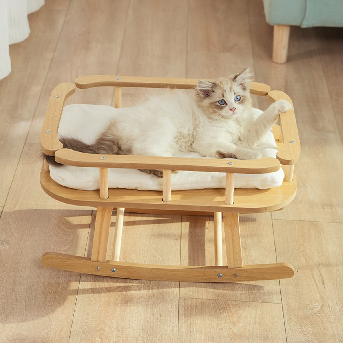 Wooden Cat Bed Simple Rocking Pet Bed Elevated Sleeping Furniture