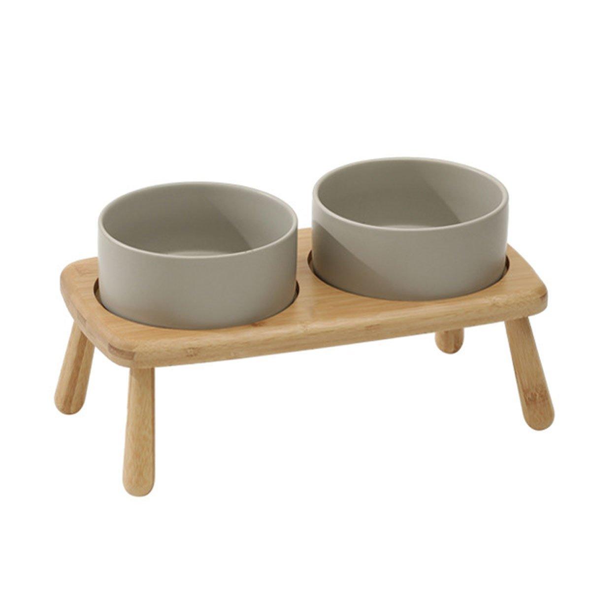 Anti-Slip Ceramic Pet Bowl with Elevated Wooden Stand