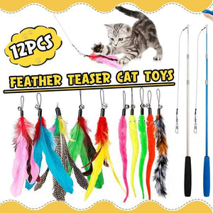 12pcs Interactive Cat Toy Feather Teaser Rod