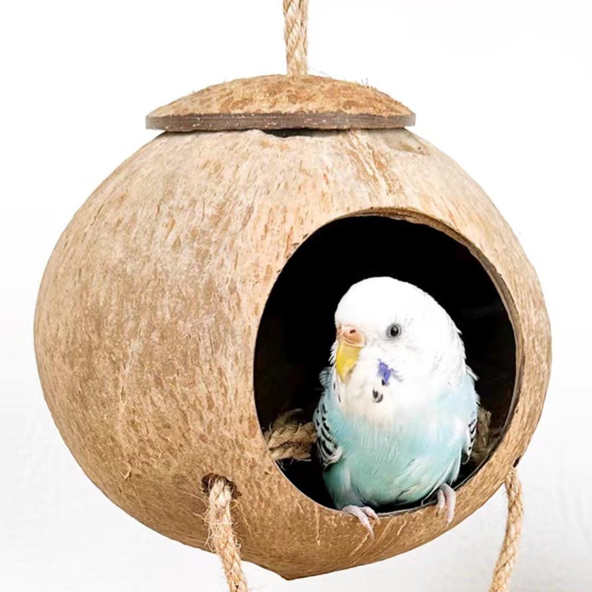 Pet Parrot Nest Wooden Bird House Natural Coconut Shell Feeder