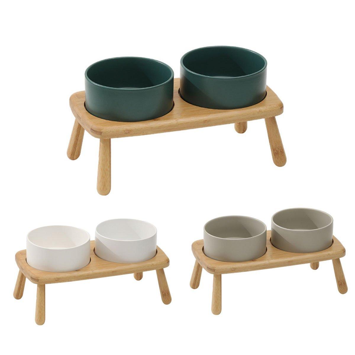 Anti-Slip Ceramic Pet Bowl with Elevated Wooden Stand