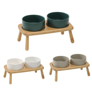 Anti-Slip Ceramic Pet Bowl with Elevated Wooden Stand