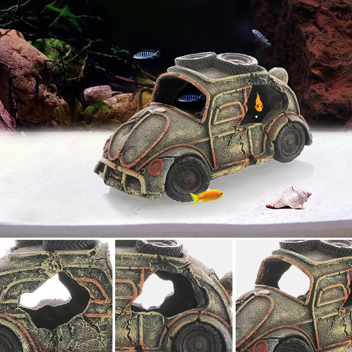 Aquarium Rocks Aquarium Decoration Resin Car Wreck Fish Shrimp Escape House