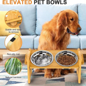 Adjustable Bamboo Pet Feeder with Stainless Steel Bowls