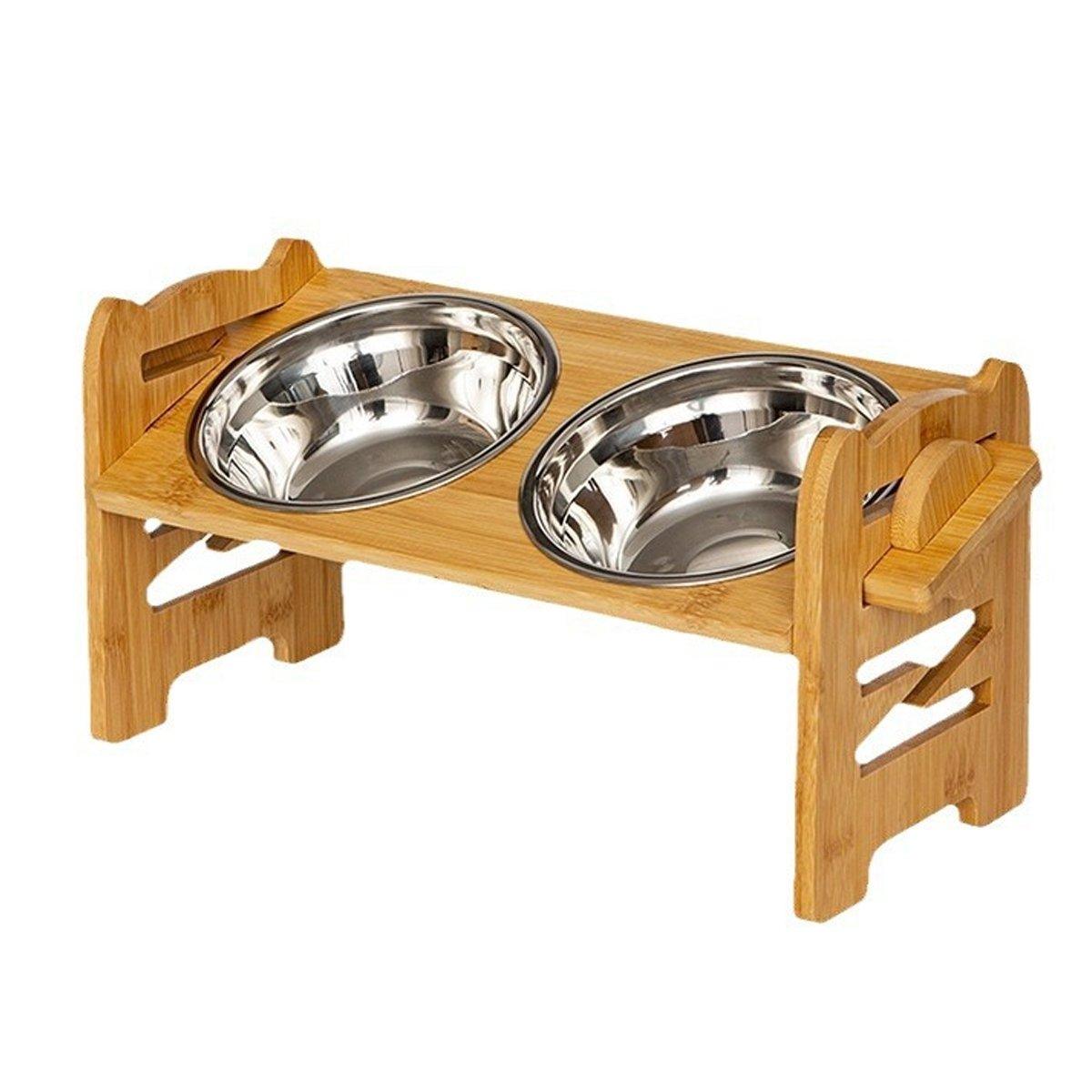 Adjustable Bamboo Pet Feeder with Stainless Steel Bowls