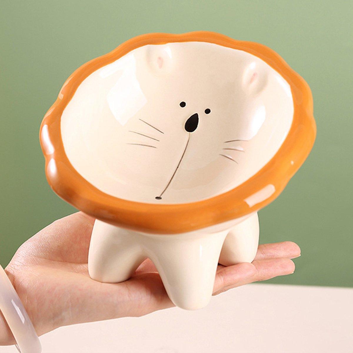 Ceramic Pet Bowl Tilted Design for Neck Protection & Stylish Cartoon Lion