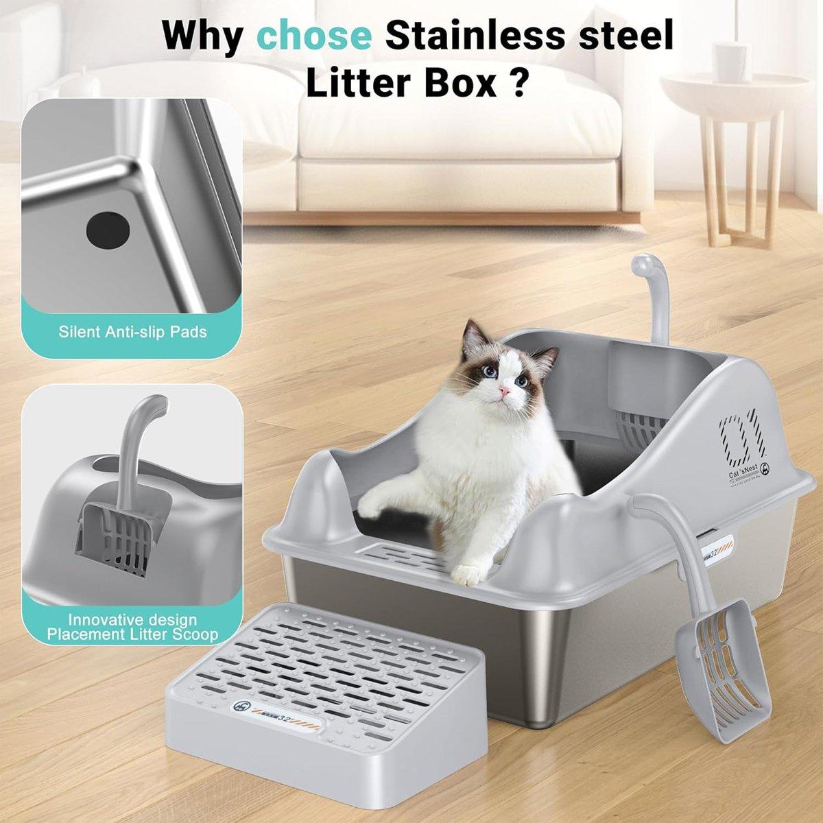 Stainless Steel Large Cat Litter Box Durable & Easy to Clean Design