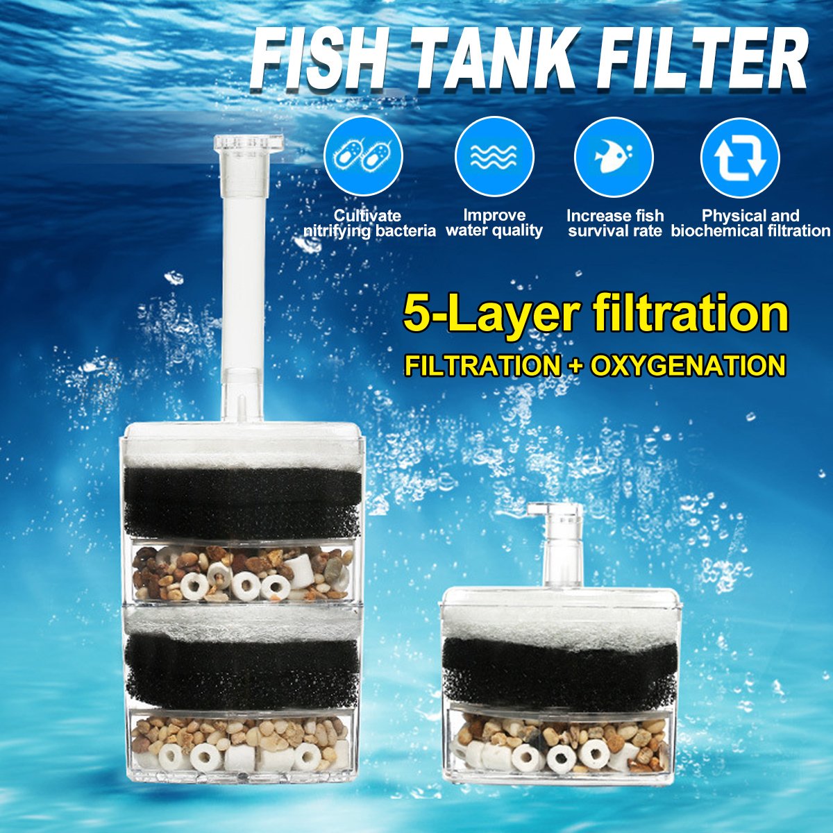 Mini Aquarium Biochemical Filter Compact In-Tank Fish Tank Filter with Dual Chambers for Small Aquariums