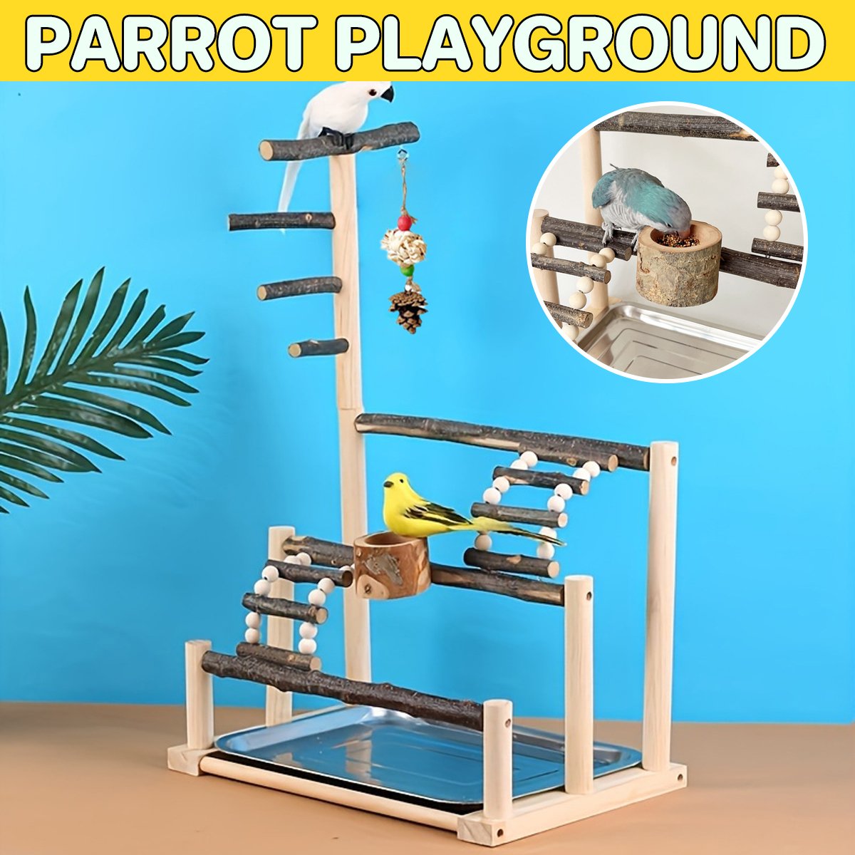 Wooden Parrot Stand Pole Interactive Bird Stand with Food Bowl