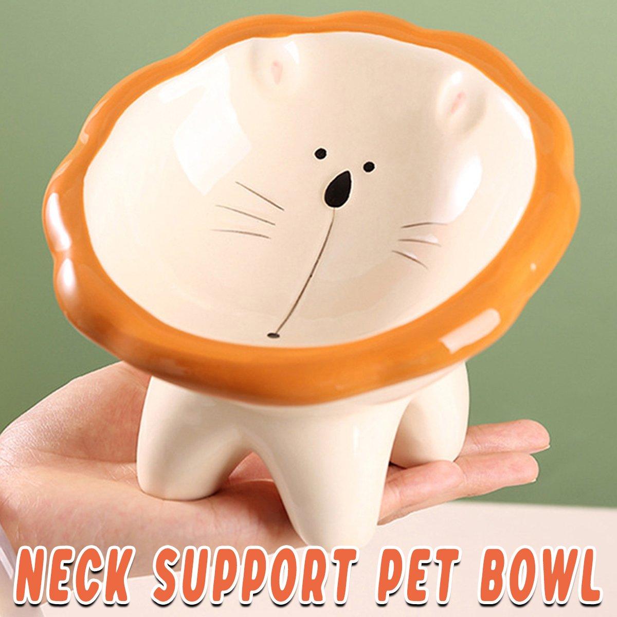 Ceramic Pet Bowl Tilted Design for Neck Protection & Stylish Cartoon Lion