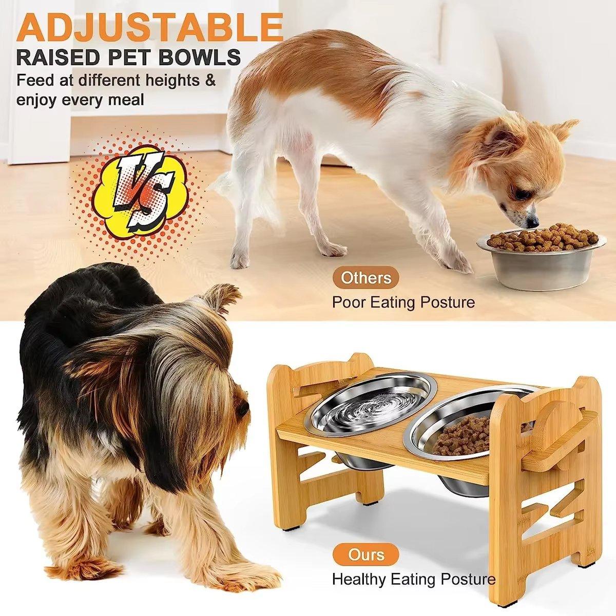 Adjustable Bamboo Pet Feeder with Stainless Steel Bowls