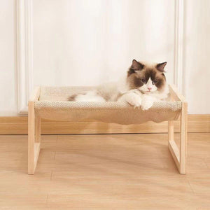 Wooden Cat Bed Elevated Cat Hammock with Breathable Linen Fabric