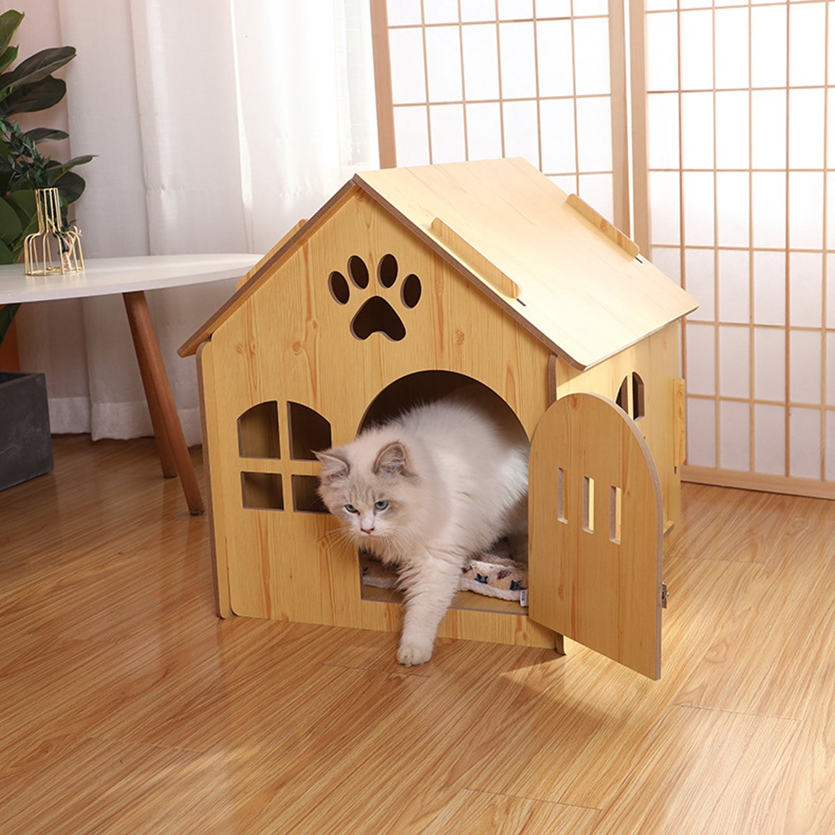 Outdoor Wooden Dog Cat House Villa Style Pet Shelter Weatherproof for Garden