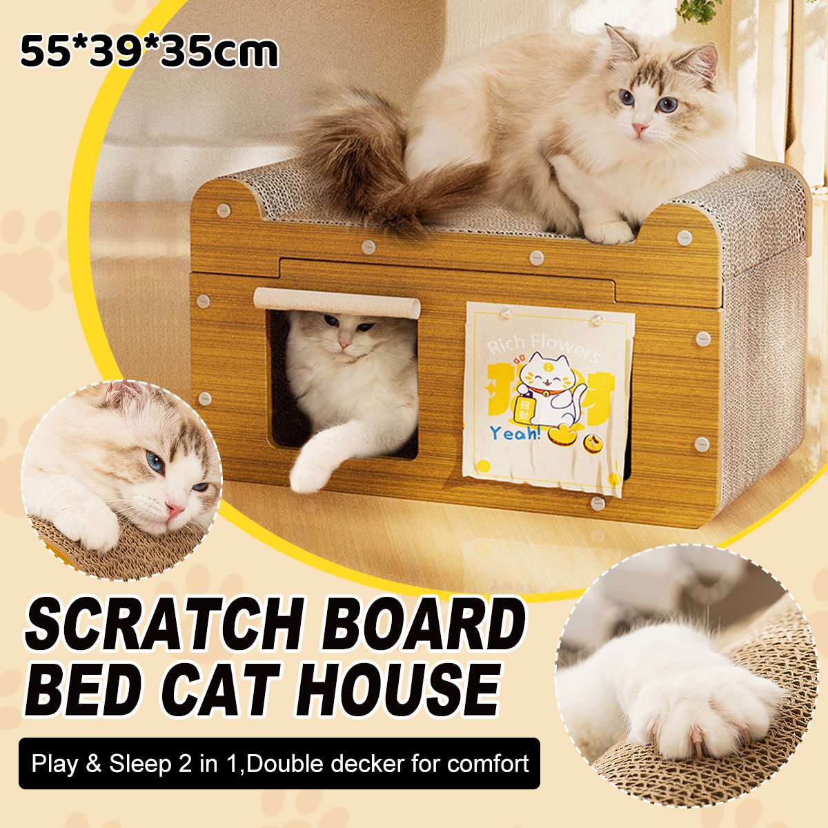 Two-door Corrugated Cat Scratch Board Toy With Door Curtain Double-layer Cat House