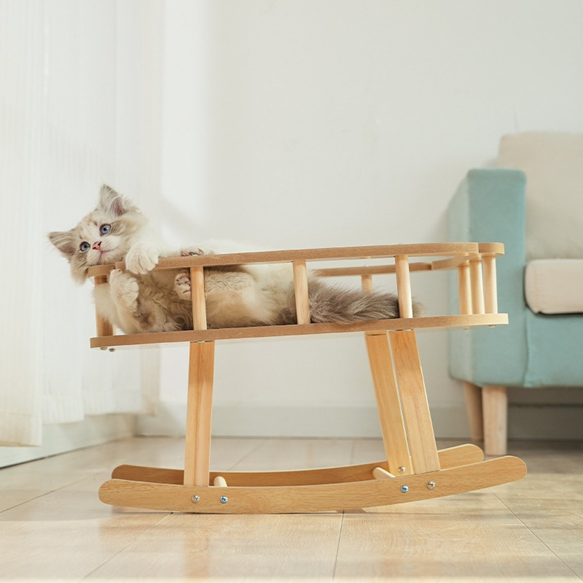 Wooden Cat Bed Simple Rocking Pet Bed Elevated Sleeping Furniture