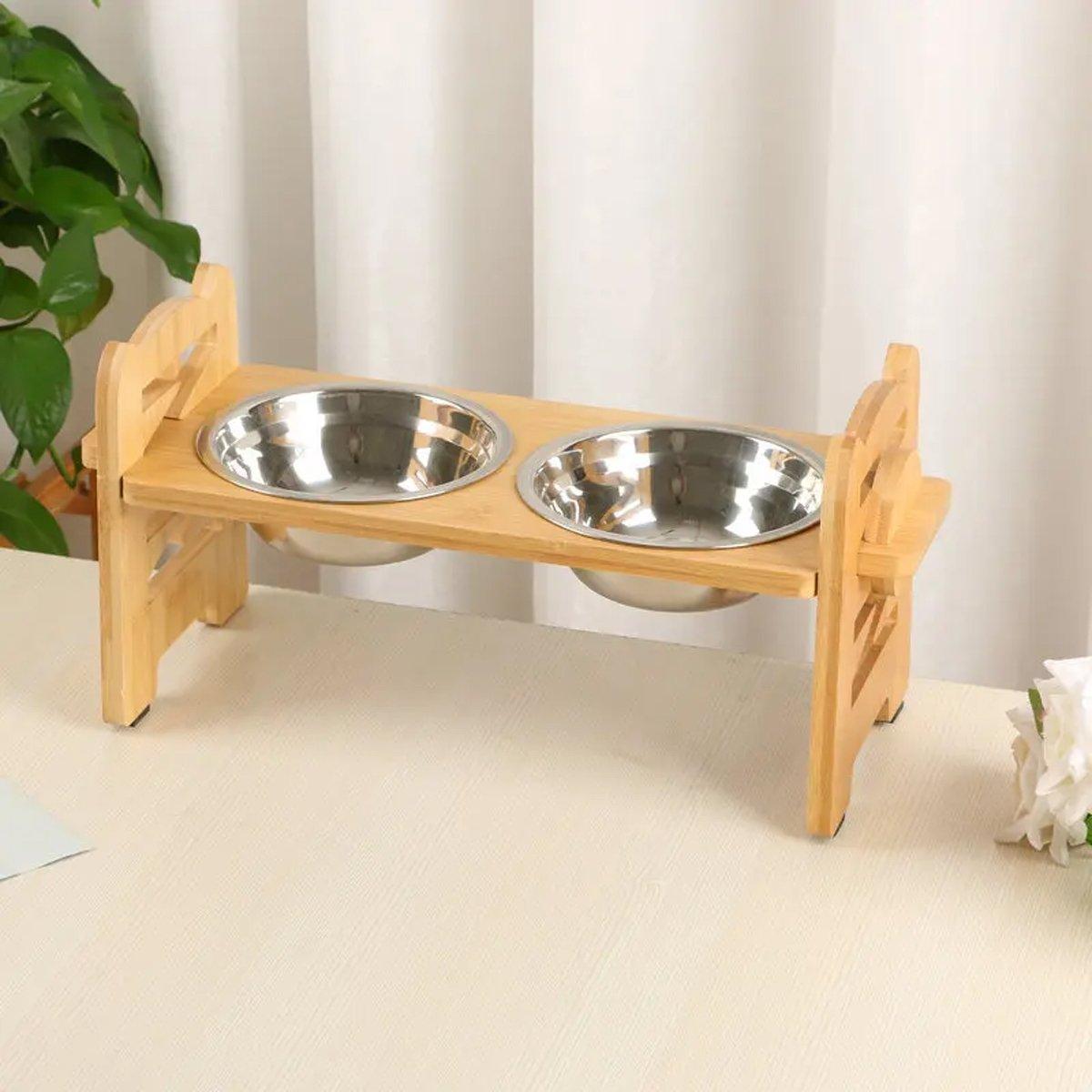 Adjustable Bamboo Pet Feeder with Stainless Steel Bowls