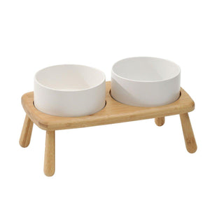 Anti-Slip Ceramic Pet Bowl with Elevated Wooden Stand