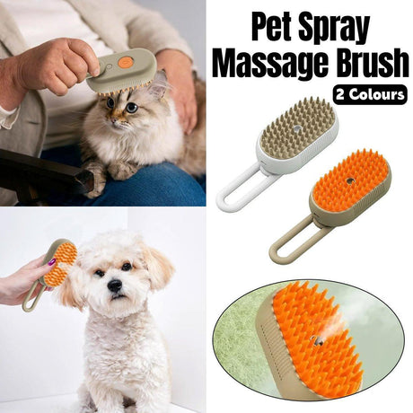 Pet Spray Massage Brush for cats and dogs with built-in spray and silicone bristles, perfect for grooming and reducing shedding.