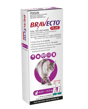 Bravecto Plus 6.25-12.5kg Cat Flea Tick & Worm 2 X PIP 3 Months