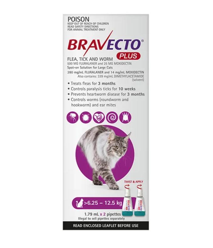 Bravecto Plus 6.25-12.5kg Cat Flea Tick & Worm 2 X PIP 3 Months