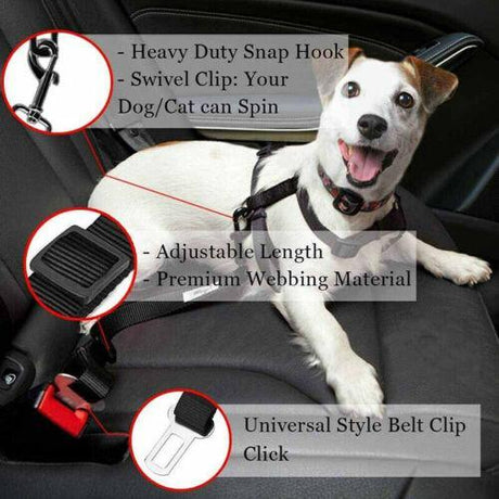 Adjustable dog seat belt with universal clip for secure and comfortable car rides